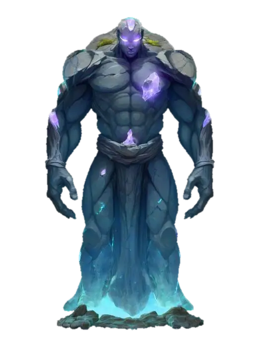 3D model for floating stone elemental; colossal entity made of massive stone fragments, each separated and levitating, no physical contact; glowing arcane energy streams between the rocks hold the body together; torso a cluster of cracked boulders with glowing light between gaps; arms and legs formed of floating slabs and shards drifting slightly apart; head a levitating stone mask with glowing runes, hovering above shoulders; pieces rotate slowly, aligned by unseen force; aura ancient, mystical, otherworldly; extremely detailed, high resolution texture, epic stance; color scheme obsidian black, glowing cyan veins, faint violet highlights, #villain#