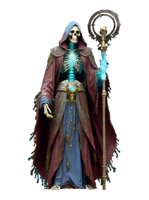 Modello 3D aether lich, ancient skeletal sorcerer fused with brass and glass machinery, glowing…, generato dall’IA