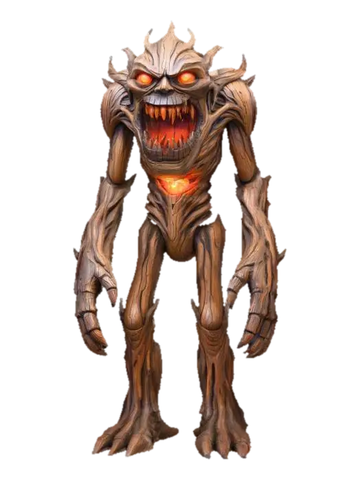3D model for wooden golem inspired by a monstrous cabinet; bulky humanoid body carved from dark ancient wood; large fanged mouth on chest glowing from inside with fiery orange light; eyes bright and menacing, carved directly into the wood grain; thick limbs formed from twisted roots and bark; surface rough, cracked and aged with subtle burnt tones; inside of mouth detailed with realistic teeth and glowing red interior; atmosphere eerie, alive yet made of wood; cinematic lighting, realistic fantasy style, highly detailed textures – dark wood, glowing amber light, burnt edges, faint moss, extremely detailed, high resolution texture, epic stance