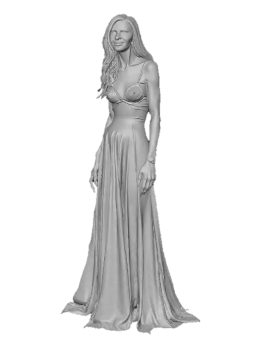 3D model for twisted halloween female horror; tall, slender woman with eerie elegance and unnerving proportions; pale gray cracked skin with faint blue veins and hints of decay; elongated face with hollow glowing eyes and a wide, twisted smile full of jagged teeth; posture crooked, limbs elongated with sharp black claws; wears a dark tattered gown that moves like drifting smoke and shadows; long black hair floats as if in zero gravity; faint orange and green Halloween light reflections across her form; atmosphere cold, haunted, cinematic horror style; highly detailed, realistic texture, 8k resolution, dramatic lighting, epic stance, #Halloween2025#