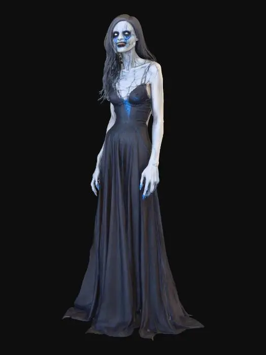 3D model for twisted halloween female horror; tall, slender woman with eerie elegance and unnerving proportions; pale gray cracked skin with faint blue veins and hints of decay; elongated face with hollow glowing eyes and a wide, twisted smile full of jagged teeth; posture crooked, limbs elongated with sharp black claws; wears a dark tattered gown that moves like drifting smoke and shadows; long black hair floats as if in zero gravity; faint orange and green Halloween light reflections across her form; atmosphere cold, haunted, cinematic horror style; highly detailed, realistic texture, 8k resolution, dramatic lighting, epic stance, #Halloween2025#
