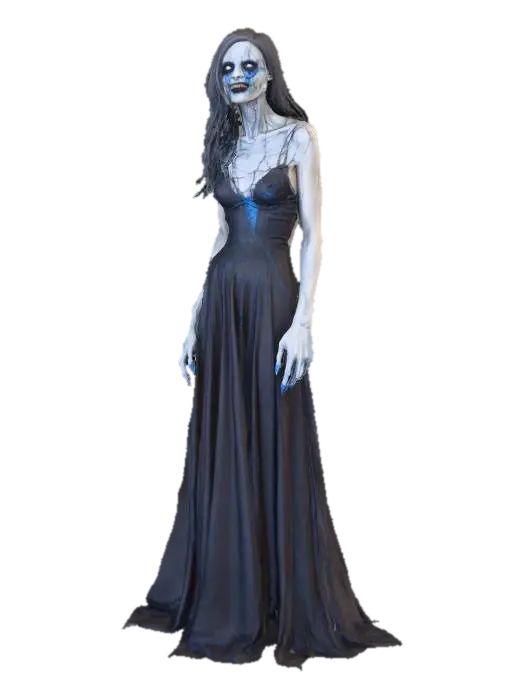 3D model for twisted halloween female horror; tall, slender woman with eerie elegance and unnerving proportions; pale gray cracked skin with faint blue veins and hints of decay; elongated face with hollow glowing eyes and a wide, twisted smile full of jagged teeth; posture crooked, limbs elongated with sharp black claws; wears a dark tattered gown that moves like drifting smoke and shadows; long black hair floats as if in zero gravity; faint orange and green Halloween light reflections across her form; atmosphere cold, haunted, cinematic horror style; highly detailed, realistic texture, 8k resolution, dramatic lighting, epic stance, #Halloween2025#