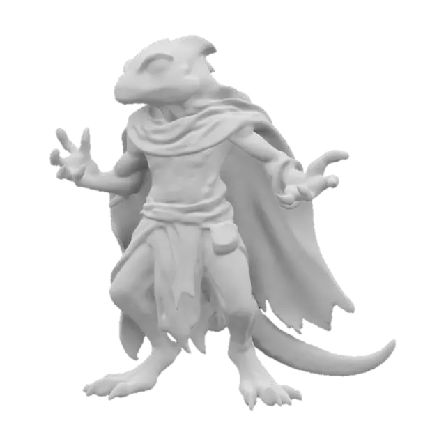 3D model for fantasy old lizard humanoid wizard, rundown old body brimming with dark power, hands conjuring ancient magic, in action, cloak fluttering in the wind, extremely detailed, high resolution texture, epic stance