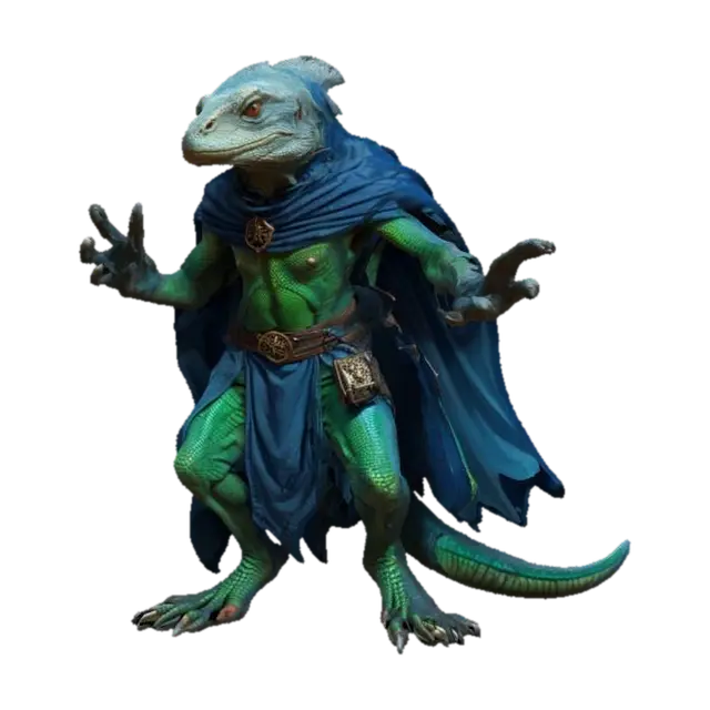 3D model for fantasy old lizard humanoid wizard, rundown old body brimming with dark power, hands conjuring ancient magic, in action, cloak fluttering in the wind, extremely detailed, high resolution texture, epic stance