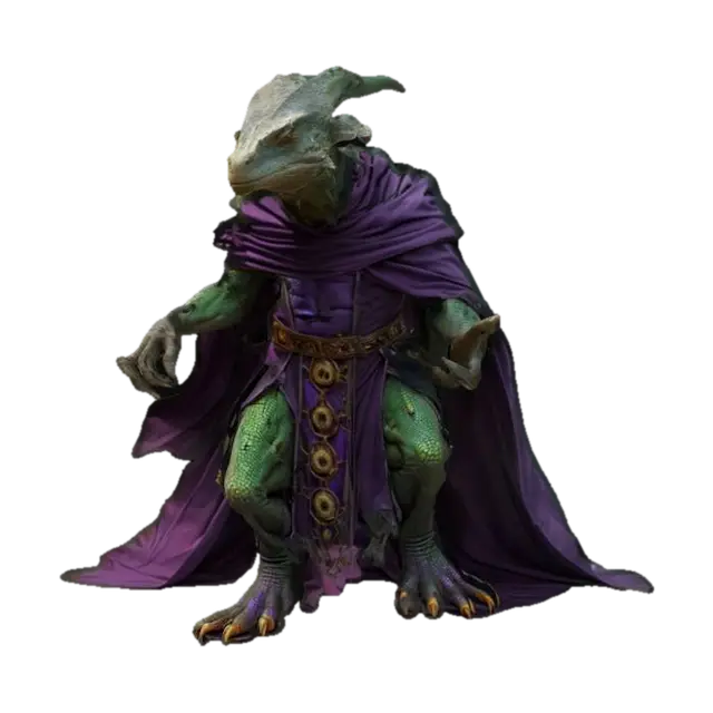 3D model for fantasy old lizard humanoid wizard, rundown old body brimming with dark power, hands conjuring ancient magic, in action, cloak fluttering in the wind, extremely detailed, high resolution texture, epic stance