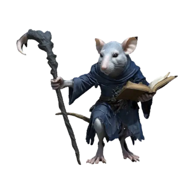 fantasy humanoid old rat mage, hubené tělo, torn robe fluttering in the wind, holding a… 3D model, vytvořený pomocí AI