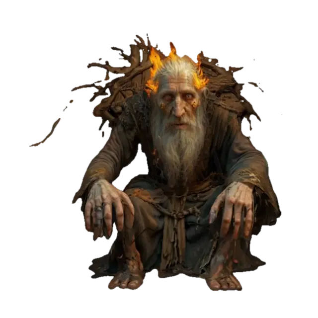 fantasy decrepit hermit wizard, connected to nature, decrepit emaciated and hunched body,… 3D model, AI generated