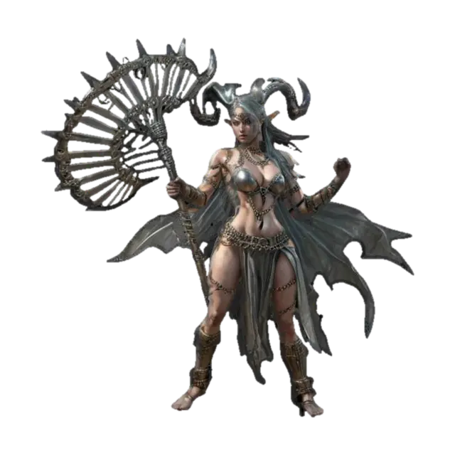 fantasy female humanoid creature, graceful and strong body curves, dressed in forged… - Chains 3D model, vytvořený pomocí AI