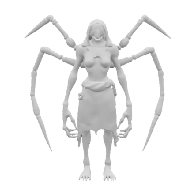 3D model for sci-fi fantasy robotic spider humanoid creature, spider body and humanoid like structure, terrifying expression, spider in attack, clawed limbs, covered in torn clothes, extremely details, high resolution texture, epic stance