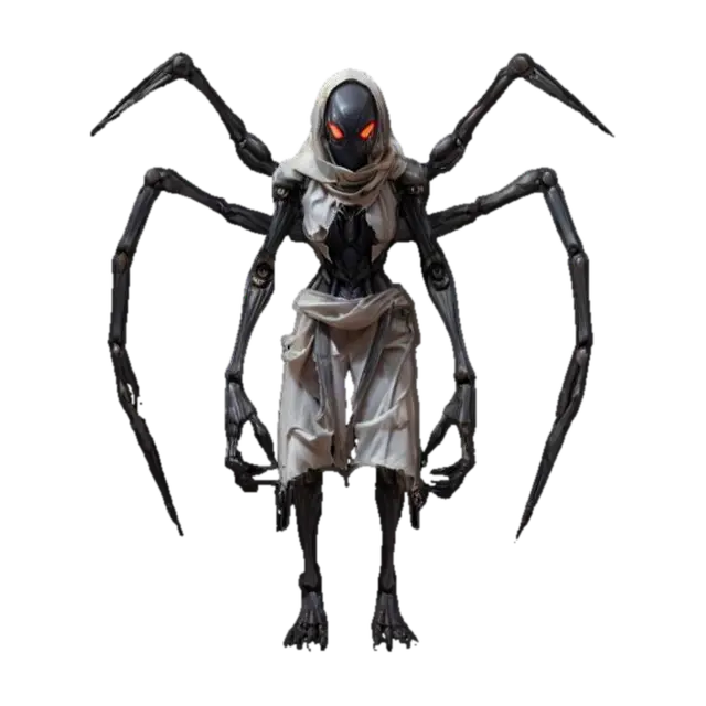 3D model for sci-fi fantasy robotic spider humanoid creature, spider body and humanoid like structure, terrifying expression, spider in attack, clawed limbs, covered in torn clothes, extremely details, high resolution texture, epic stance