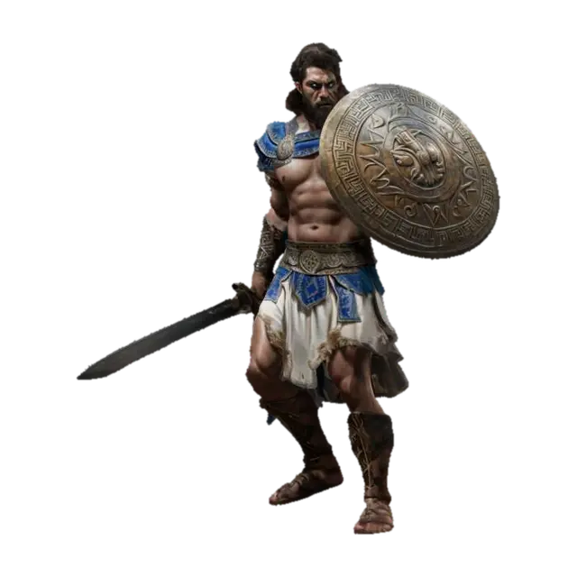 fantasy ancient Greek demigod warrior, massive muscular body, dressed in a tunic with… 3D model, vytvořený pomocí AI