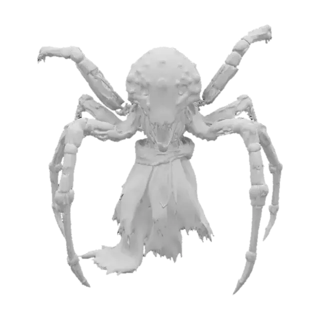 3D model for sci-fi fantasy robotic spider humanoid creature, spider body and humanoid like structure, terrifying expression, spider in attack, clawed limbs, covered in torn clothes, extremely details, high resolution texture, epic stance, #game figure#