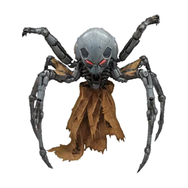 3D model for sci-fi fantasy robotic spider humanoid creature, spider body and humanoid like structure, terrifying expression, spider in attack, clawed limbs, covered in torn clothes, extremely details, high resolution texture, epic stance, #game figure#