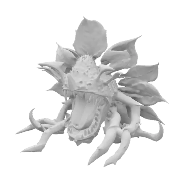 3D model for fantasy carnivorous flower creature, strong stems and leaves, instead of a flower an open mouth full of sharp teeth, in attack, extremely detailed, high resolution texture, epic stance, #garden#