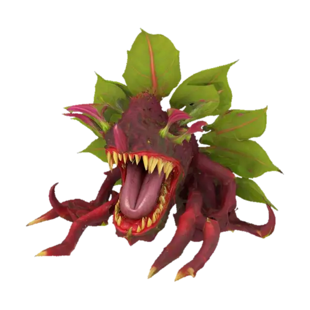 3D model for fantasy carnivorous flower creature, strong stems and leaves, instead of a flower an open mouth full of sharp teeth, in attack, extremely detailed, high resolution texture, epic stance, #garden#