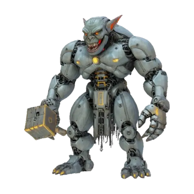 fantasy cyborg robotic troll, massive mechanical body, large head with gnashing… 3D model, vytvořený pomocí AI