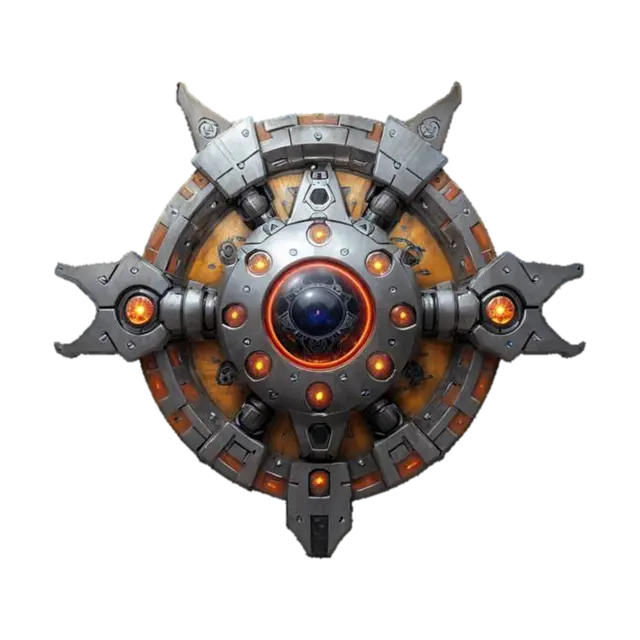 3D model for sci-fi emblem of a robotic foundation, the entire emblem is made up of robotic parts, the central part is a large robotic eye, color design in shades of metal parts, the emblem is supplemented with energy obtained from the energetic glowing core of the emblem, extremely detailed, texture with high sharp resolution, epic image, #emblem#
