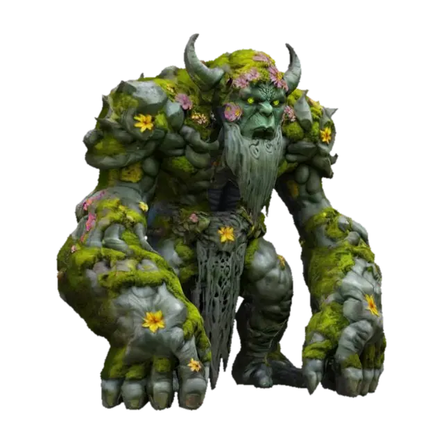 fantasy stone golem elemental, massive body covered in moss and flowers, extremely… - Symbols 3D model, vytvořený pomocí AI