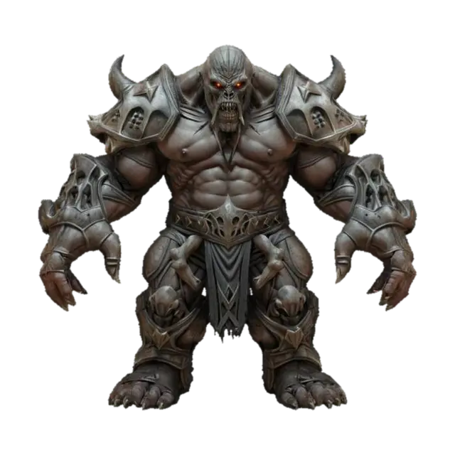 3D model for fantasy mysterious monstrous giant, stocky muscular body, armor made of bones on the body, detailed menacing face, extremely detailed high resolution texture, ultrarealistic, epic stance