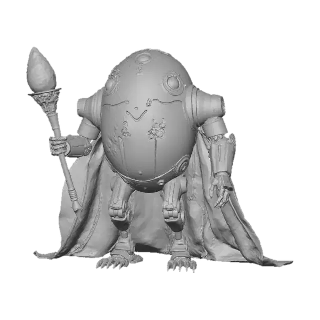 3D model for robotic egg-shaped mage, hovering slightly above the ground, metallic shell engraved with glowing runes and circuit-like symbols, two small mechanical arms holding a staff with an energy crystal, carved glowing eyes on the shell, surrounded by faint magical energy and floating cloth fragments like a tattered robe or cape, elegant yet menacing presence, detailed sci-fi fantasy design, cinematic lighting, ultra-detailed texture, epic picture