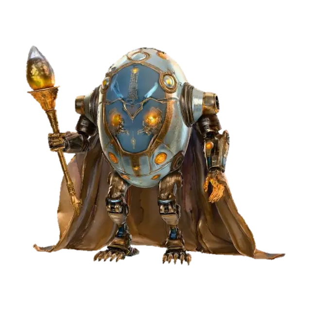 3D model for robotic egg-shaped mage, hovering slightly above the ground, metallic shell engraved with glowing runes and circuit-like symbols, two small mechanical arms holding a staff with an energy crystal, carved glowing eyes on the shell, surrounded by faint magical energy and floating cloth fragments like a tattered robe or cape, elegant yet menacing presence, detailed sci-fi fantasy design, cinematic lighting, ultra-detailed texture, epic picture