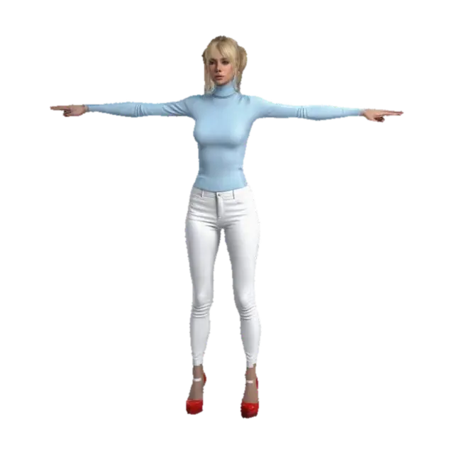 3D model for a woman with blonde hair in ponytails doing t posing wearing a fitted light blue turtleneck and white trousers also with red high heels, the texture was High Definition and hyper realistic style