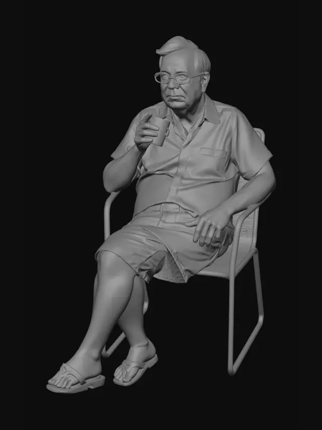 3D model for caucasian people. real body proportions. not oversized head. 
photorealistic. ambient lighting. summertime clothing. 60 years old man with a drink relaxing on the invisible chair