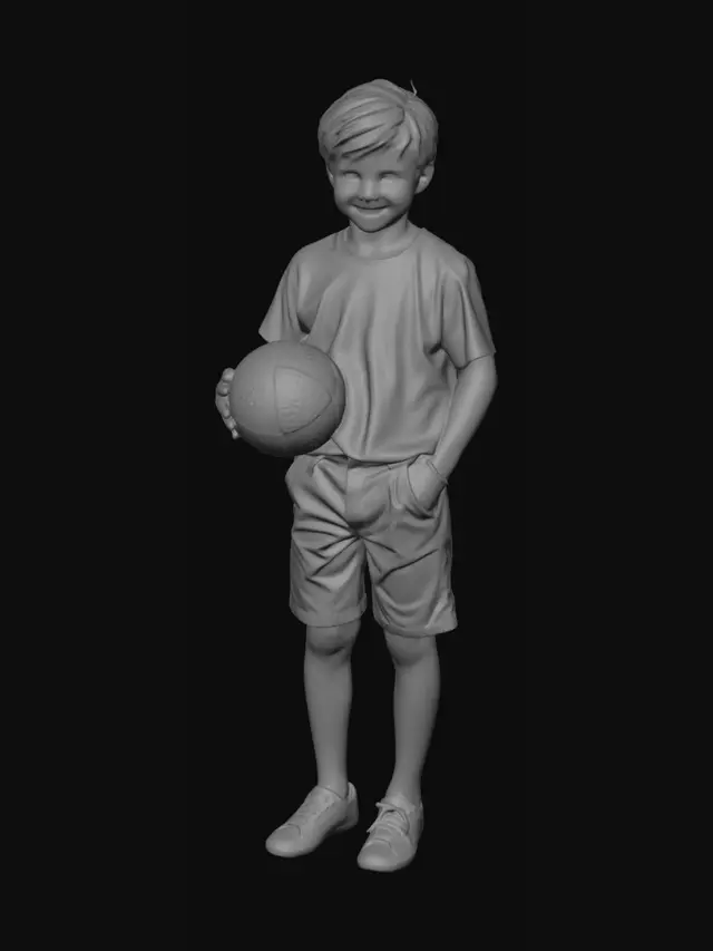 3D model for caucasian people. real body proportions. not oversized head. 
photorealistic. ambient lighting. summertime clothing. boy holding a ball