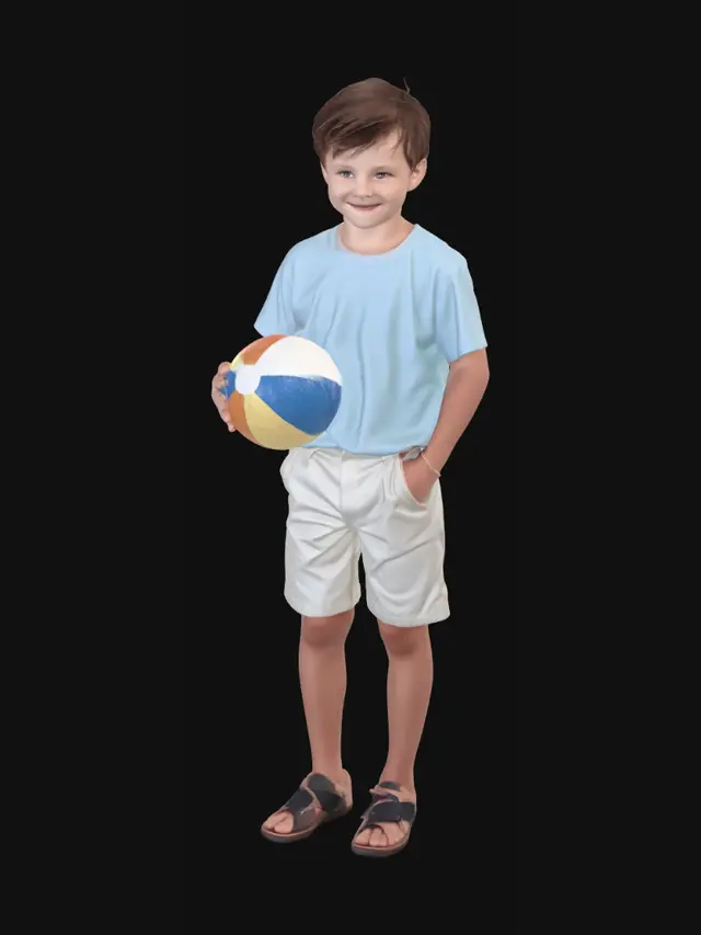 3D model for caucasian people. real body proportions. not oversized head. 
photorealistic. ambient lighting. summertime clothing. boy holding a ball