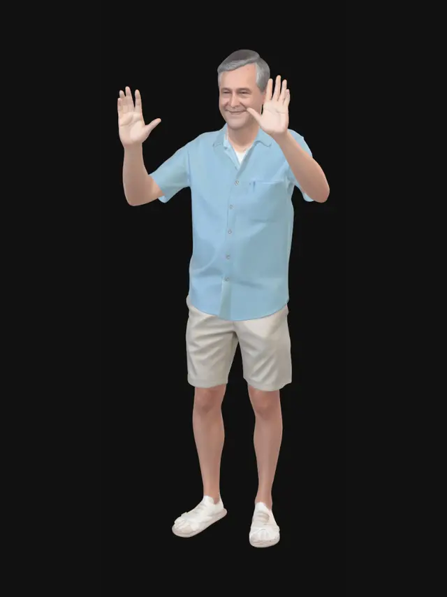 3D model for caucasian people. real body proportions. not oversized head.
photorealistic. ambient lighting. summertime clothing. 40 years man standing and waving