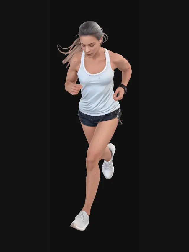 3D model for caucasian people. real body proportions. not oversized head.
photorealistic. ambient lighting. summertime clothing. 40 years woman jogging looking down