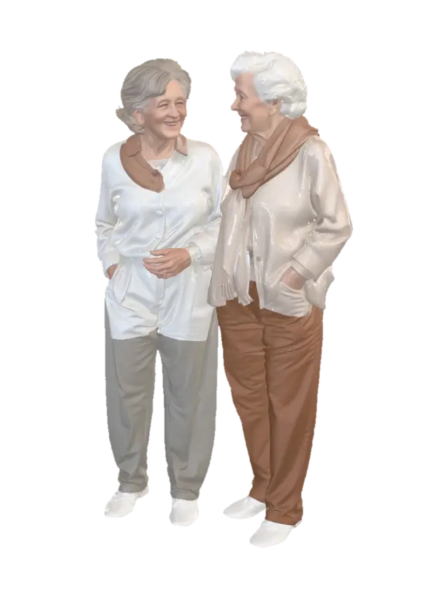 2 photorealistic people. 70 years old. women. caucasian. standing and talking.… - Elderly 3D model, vytvořený pomocí AI