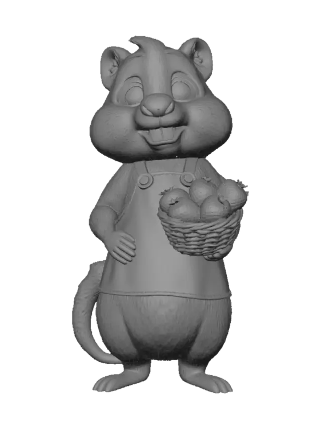 3D model for A highly detailed cute 3D cartoon character of a friendly brown beaver-like rodent, chubby and adorable, big round black eyes with sparkles, small smiling mouth, large expressive ears, fluffy fur texture, standing upright like a human.
Wearing a light blue apron with a small orange fruit/acorn pocket logo, holding a woven basket full of fresh red strawberries in one hand.
Stylish rural farmer look, warm and cheerful expression, soft lighting.
Full body, high quality 3D model, Pixar style, smooth animation-ready topology, rigged for talking and gentle movements, 8k texture, vibrant colors, perfect for avatar animation in HeyGen.
Background transparent, turntable view, multiple angles.