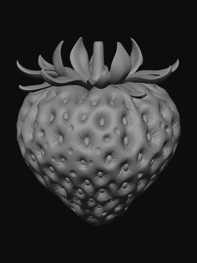 3D model for A ripe, plump strawberry, distinctively heart-shaped with a vibrant, glossy scarlet skin speckled with numerous tiny, prominent yellow achenes. Its surface exhibits a slightly uneven, dimpled texture. A crisp, verdant green leafy calyx, with a subtle waxy sheen, perfectly crowns its top. It feels firm yet yields to a soft, juicy interior.