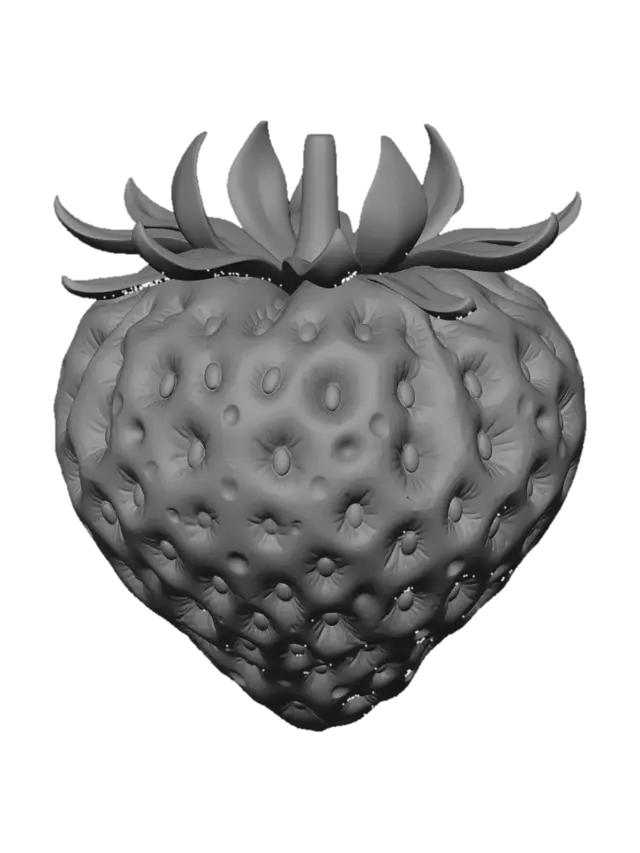 3D model for A ripe, plump strawberry, distinctively heart-shaped with a vibrant, glossy scarlet skin speckled with numerous tiny, prominent yellow achenes. Its surface exhibits a slightly uneven, dimpled texture. A crisp, verdant green leafy calyx, with a subtle waxy sheen, perfectly crowns its top. It feels firm yet yields to a soft, juicy interior.