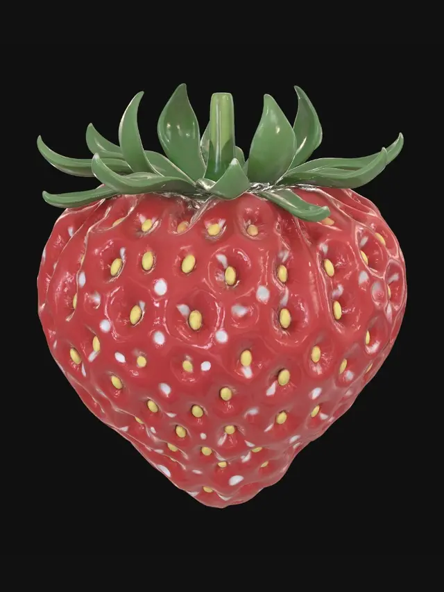 3D model for A ripe, plump strawberry, distinctively heart-shaped with a vibrant, glossy scarlet skin speckled with numerous tiny, prominent yellow achenes. Its surface exhibits a slightly uneven, dimpled texture. A crisp, verdant green leafy calyx, with a subtle waxy sheen, perfectly crowns its top. It feels firm yet yields to a soft, juicy interior.