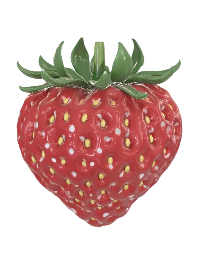 3D model for A ripe, plump strawberry, distinctively heart-shaped with a vibrant, glossy scarlet skin speckled with numerous tiny, prominent yellow achenes. Its surface exhibits a slightly uneven, dimpled texture. A crisp, verdant green leafy calyx, with a subtle waxy sheen, perfectly crowns its top. It feels firm yet yields to a soft, juicy interior.