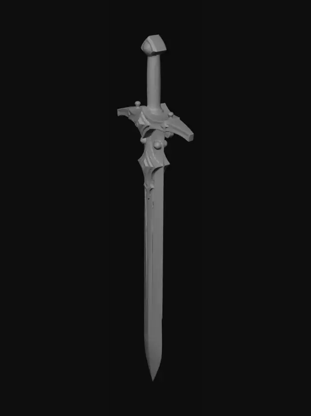 3D model for Low poly stylized Excalibur sword, legendary King Arthur longsword, glowing golden runes on a polished silver steel blade, ornate gold crossguard with royal blue sapphire gems, high fantasy weapon, game ready asset.
