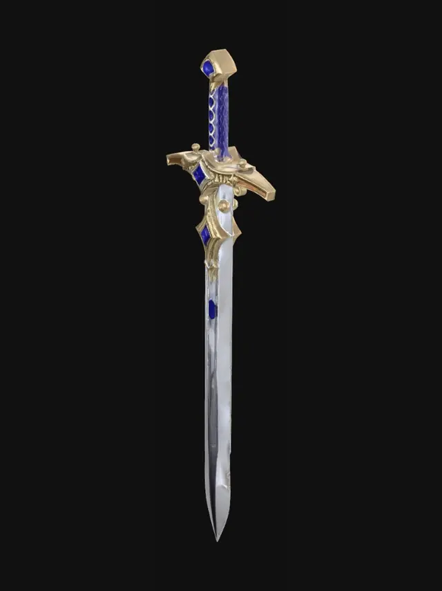 3D model for Low poly stylized Excalibur sword, legendary King Arthur longsword, glowing golden runes on a polished silver steel blade, ornate gold crossguard with royal blue sapphire gems, high fantasy weapon, game ready asset.
