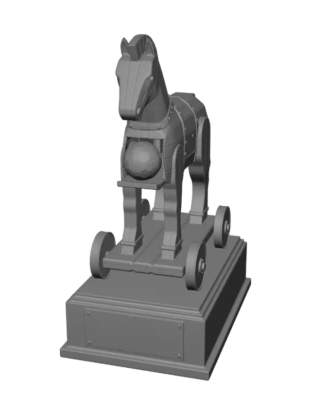 3D model for Product render of a trophy shaped like the classic wooden Trojan horse from Greek mythology, standing on its iconic wheeled wooden cart base, plank-built wooden body with visible wood grain and joint details, a soccer ball resting between its front legs/chest as if smuggled in, mounted on a small trophy pedestal made of dark polished wood with a blank brass/gold plaque panel on the front for engraving, isometric three-quarter view, clean studio lighting, plain white background, sturdy proportions suitable for a physical award, no text on plaque