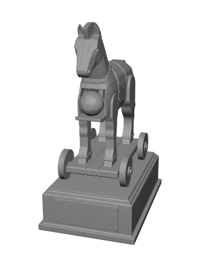 3D model for Product render of a trophy shaped like the classic wooden Trojan horse from Greek mythology, standing on its iconic wheeled wooden cart base, plank-built wooden body with visible wood grain and joint details, a soccer ball resting between its front legs/chest as if smuggled in, mounted on a small trophy pedestal made of dark polished wood with a blank brass/gold plaque panel on the front for engraving, isometric three-quarter view, clean studio lighting, plain white background, sturdy proportions suitable for a physical award, no text on plaque