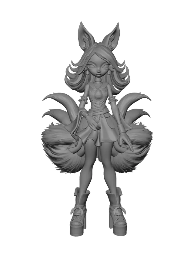 3D model for Create a custom Monster High Kitsune doll in classic Monster High style. Make her clearly fox-like, with exactly 9 large fluffy tails attached only at the lower back, fanned neatly behind her, with 2–3 tails touching the ground for support. Give her fox ears, long layered hair, clawed hands, and traditional kitsune facial markings: red markings around the eyes, small red forehead detail, and red cheek accents. Keep the face elegant and mystical. Dress her in gothic Japanese-inspired Monster High fashion with platform boots and a layered skirt. Single solid watertight mesh, all parts connected, no floating parts, no separate accessories, no thin fragile parts, stable standing pose, arms close to body, optimized for FDM printing with supports.