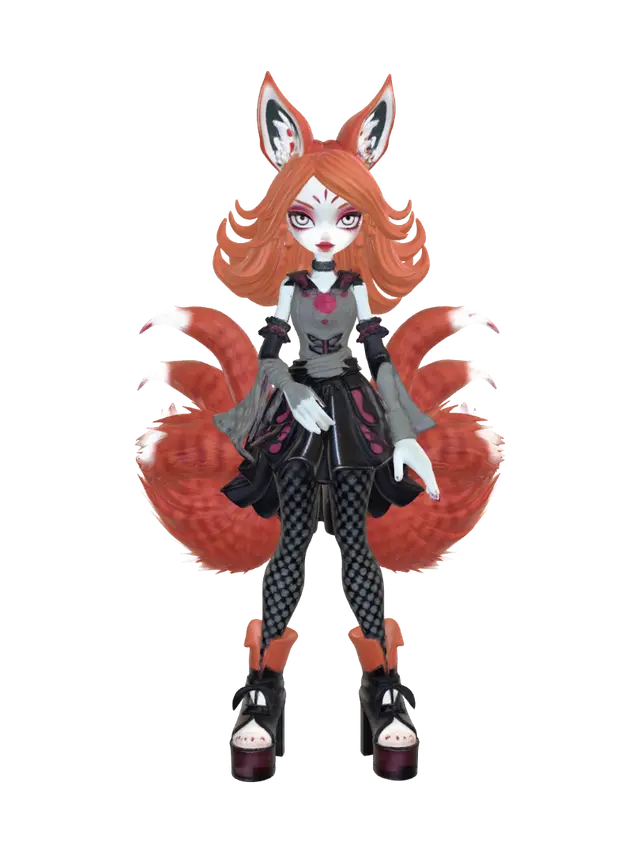 3D model for Create a custom Monster High Kitsune doll in classic Monster High style. Make her clearly fox-like, with exactly 9 large fluffy tails attached only at the lower back, fanned neatly behind her, with 2–3 tails touching the ground for support. Give her fox ears, long layered hair, clawed hands, and traditional kitsune facial markings: red markings around the eyes, small red forehead detail, and red cheek accents. Keep the face elegant and mystical. Dress her in gothic Japanese-inspired Monster High fashion with platform boots and a layered skirt. Single solid watertight mesh, all parts connected, no floating parts, no separate accessories, no thin fragile parts, stable standing pose, arms close to body, optimized for FDM printing with supports.