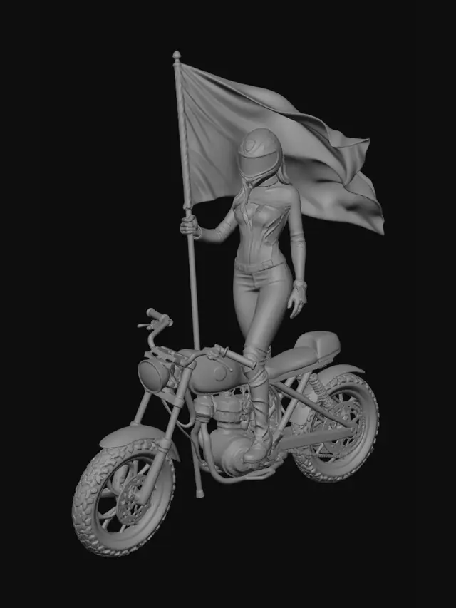 3D model for Stwórz grafikę inspirowaną obrazem "wolność wiodąca lud na barykady" kobieta ma mieć strój motocyklowy a w rękach zamiast flagi francuskiej anarchistyczną czarnoczerwoną flagę. zamiast zwłok mają być części motocyklowe a barykada ma być zbudowana z rozbitego motocykla. w tle ma być widoczny symbolo anarchii