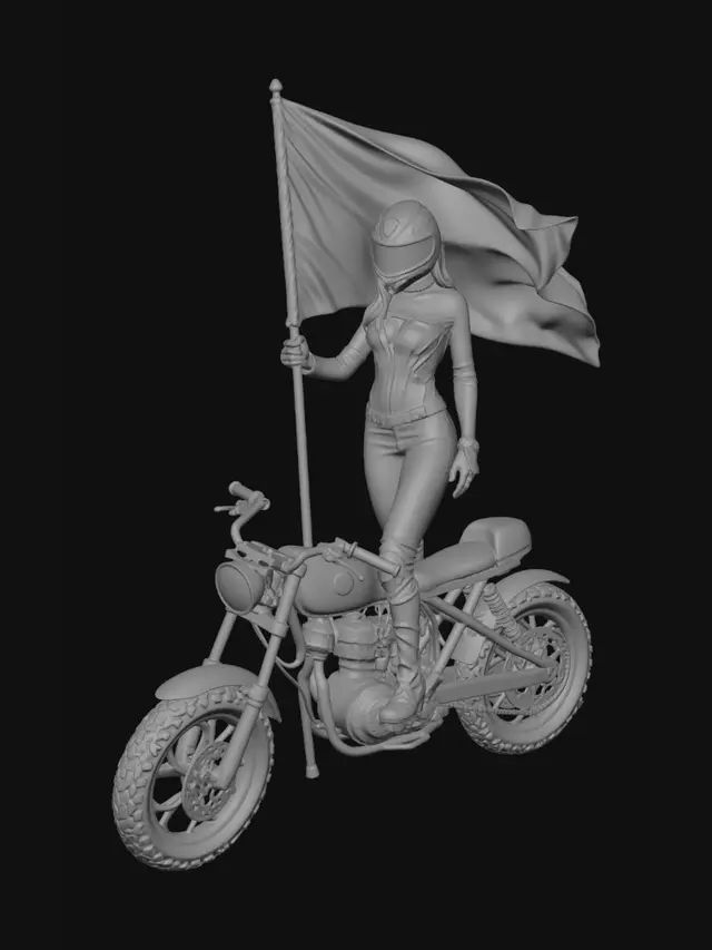 3D model for Stwórz grafikę inspirowaną obrazem "wolność wiodąca lud na barykady" kobieta ma mieć strój motocyklowy a w rękach zamiast flagi francuskiej anarchistyczną czarnoczerwoną flagę. zamiast zwłok mają być części motocyklowe a barykada ma być zbudowana z rozbitego motocykla. w tle ma być widoczny symbolo anarchii