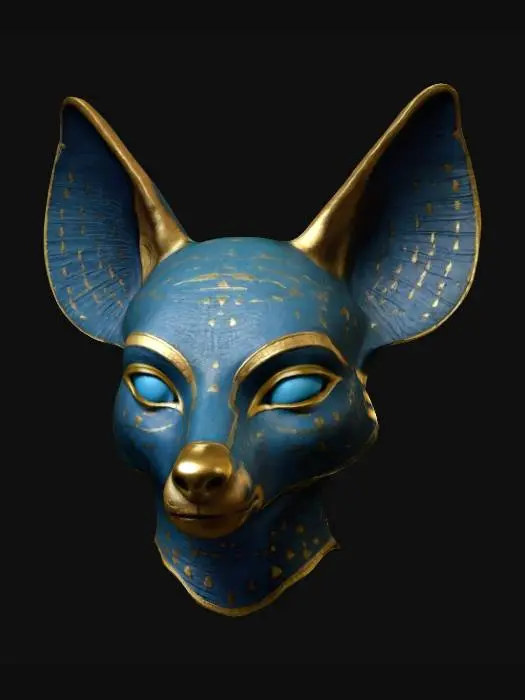 3D model for Create a detailed 3D model of a Egyptian man's face mask. The mask is inspired by the shape of the a black Jackal. Large, thin, black ears with golden interiors, light blue features and golden decorations on the face. Highly textured, realistic style