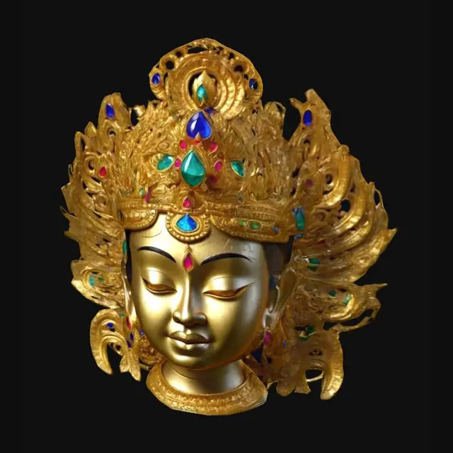 3D model for A high golden crown of Khmer Apsara dancer, with carved patterns and inlays of some colorful jewels, realistic HD textures