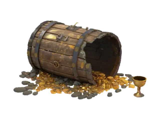 3D model for An old broken pirate barrel resting on the seabed, partially buried in sand and surrounded by small rocks and seaweed. The wooden planks are cracked and waterlogged, held together by rusty iron bands. The barrel is split open on one side, revealing glittering pirate treasure spilling out: gold coins, ornate rings, a silver goblet, and a string of pearls. Small fish swim nearby, and tiny air bubbles rise from the barrel. Covered in patches of algae and coral growth. Underwater lighting, soft blue tones, realistic texture detail, fantasy adventure style., #ocean#
