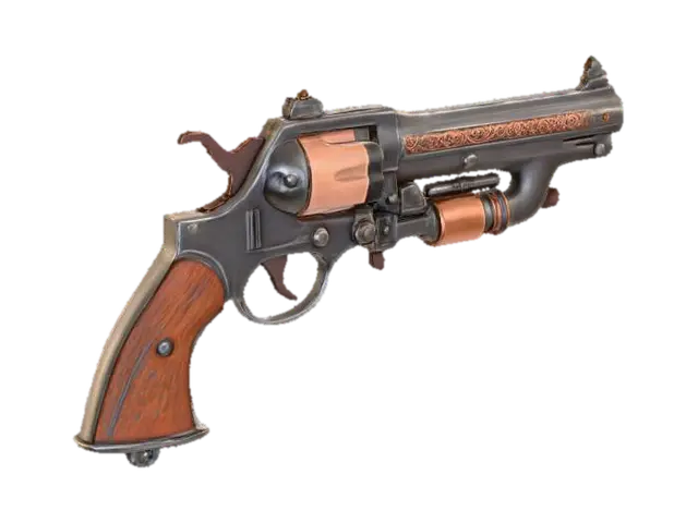 3D model for Sci-fi pistol with a vintage medieval steampunk design, combining steel and copper elements. The main body is crafted from polished steel, with visible rough copper tubing and mechanical joints. The grip features engraved medieval motifs and vintage screws, adding a handcrafted aesthetic. The surface alternates between smooth polished metal and worn rough textures, showing signs of use. Includes intricate valves, rivets, and gears with glowing sci-fi accents. Ultra realistic and highly detailed, built to reflect a hybrid of future tech and antique craftsmanship.