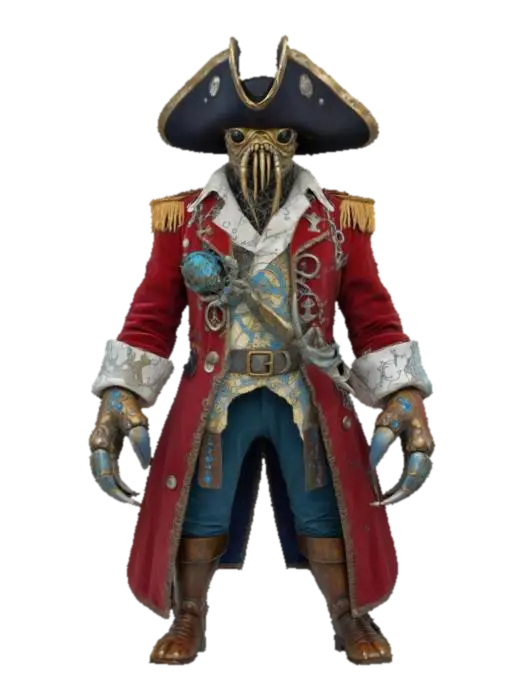 A mysterious pirate crab captain, standing upright with an ancient, weathered… 3D model, vytvořený pomocí AI